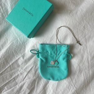 Tiffany Blue Double Heart Tag Pendant Silver Necklace with pouch and blue box